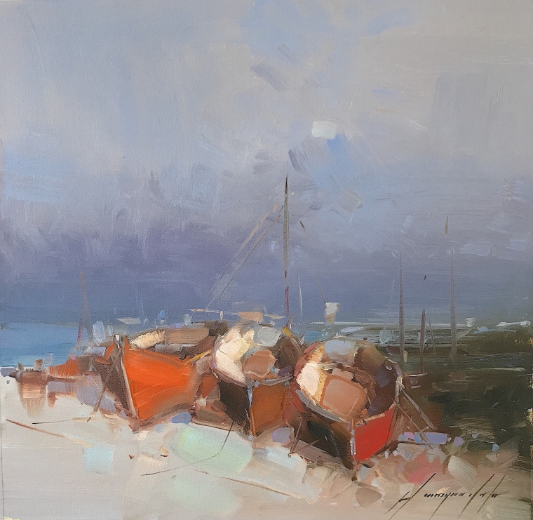 Rowboats, Original oil Painting, Handmade artwork, Ready to hang     